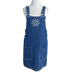 Vintage 90s True Blue Embroidered Flower Pinafore Denim Mini Dress Size Small